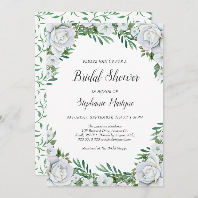 Floral White Roses Greenery Foliage Bridal Shower Invitation (Front/Back)