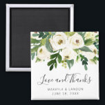 Floral White Roses Greenery Wedding Favour Magnet<br><div class="desc">Elegant floral wedding favour magnet featuring hand painted watercolor white roses and greenery along with "Love and Thanks" in a lovely handwritten script and your names and date below. These floral magnets are perfect for a garden wedding in the summer and make great wedding favours you guests will want to...</div>