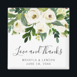 Floral White Roses Greenery Wedding Favour Magnet<br><div class="desc">Elegant floral wedding favour magnet featuring hand painted watercolor white roses and greenery along with "Love and Thanks" in a lovely handwritten script and your names and date below. These floral magnets are perfect for a garden wedding in the summer and make great wedding favours you guests will want to...</div>