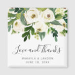 Floral White Roses Greenery Wedding Favour Magnet<br><div class="desc">Elegant floral wedding favour magnet featuring hand painted watercolor white roses and greenery along with "Love and Thanks" in a lovely handwritten script and your names and date below. These floral magnets are perfect for a garden wedding in the summer and make great wedding favours you guests will want to...</div>