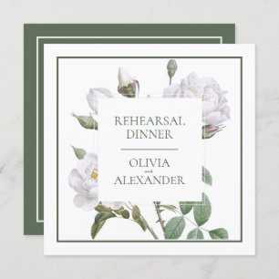 Floral White Roses Wedding Rehearsal Dinner Invitation