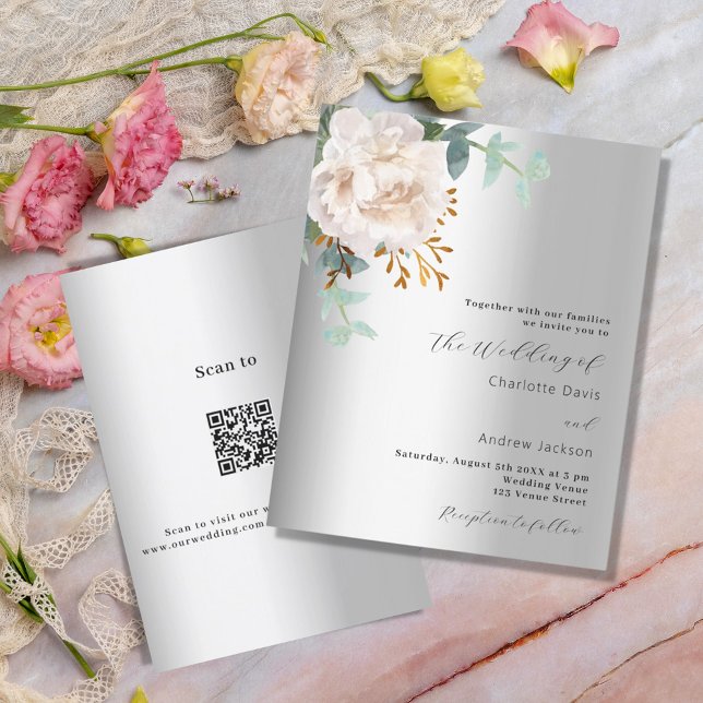 Floral white silver greenery QR code RSVP wedding Invitation (Creator Uploaded)