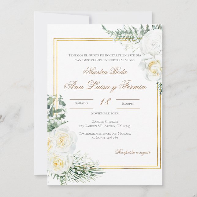 Floral White Spanish Wedding Invitation (Front)