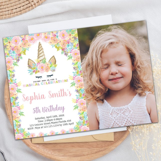 Floral White Unicorn Birthday Invitations w photo (Floral White Unicorn Birthday Invitations w photo)