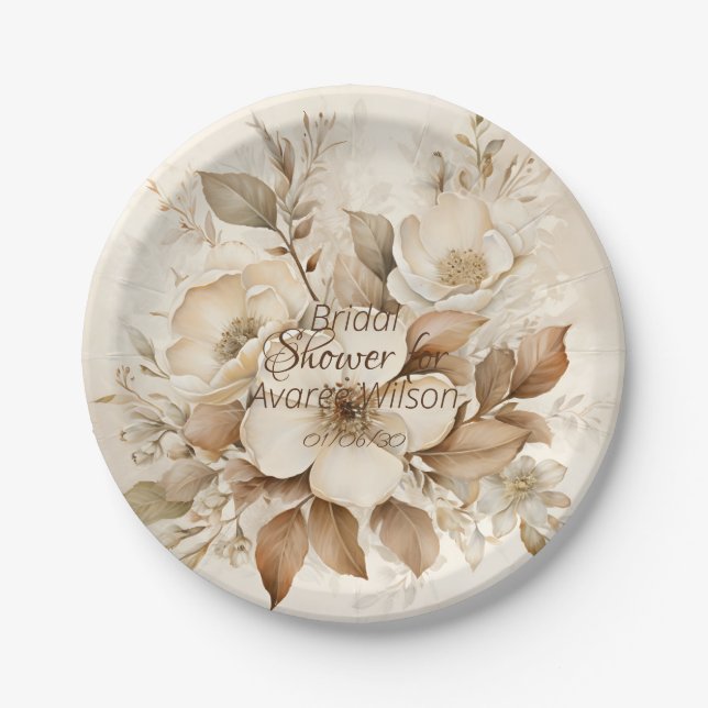 Floral  White Watercolor Bridal Shower Paper Plate (Front)