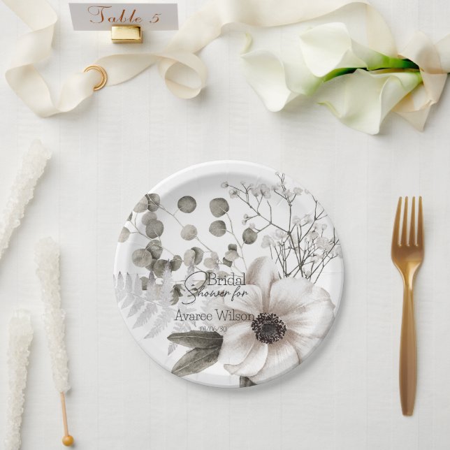 Floral  White Watercolor Bridal Shower   Paper Plate (Wedding)