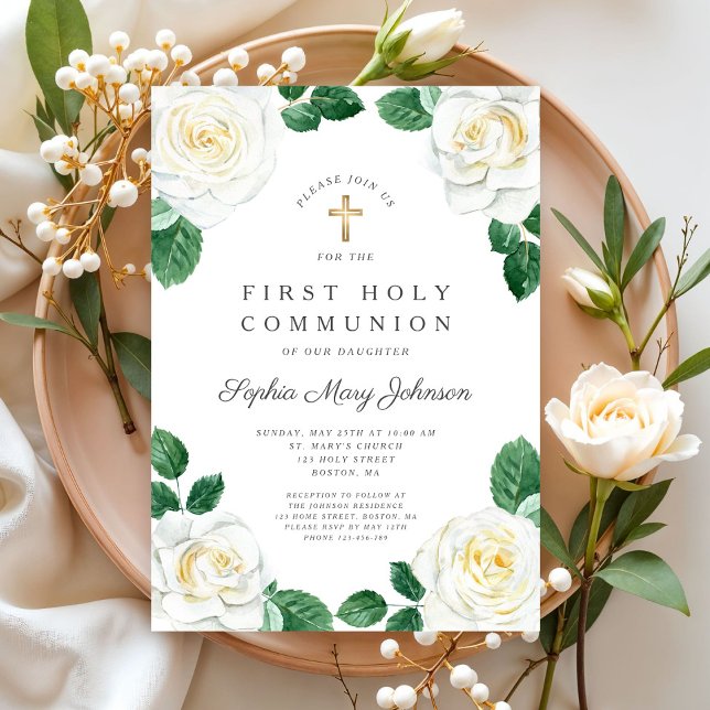 Floral White Watercolor Roses Girl First Communion Invitation (Floral White Watercolor Roses Girl First Communion Invitation)