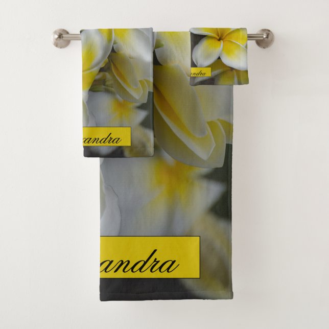 Floral White Yellow Plumeria Photography Bath Towel Set (Insitu)