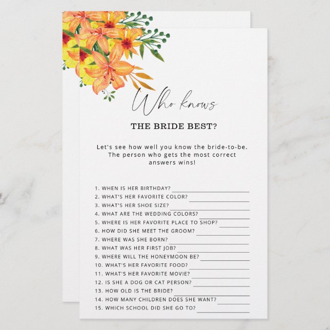 Floral Who knows the bride best game (Front/Back)