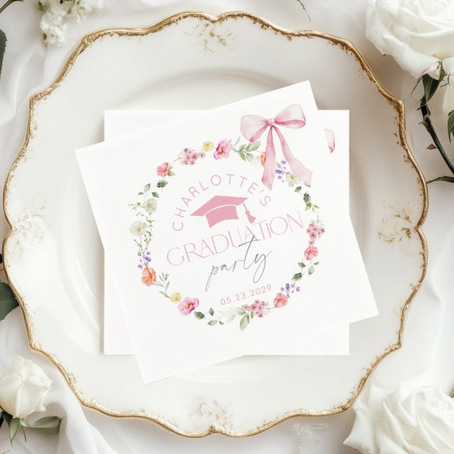 Floral Widflower Pink Bow Graduation party Napkin (Creator Uploaded)