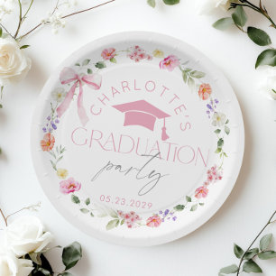 Floral Widflower Pink Bow Graduation party Paper Plate