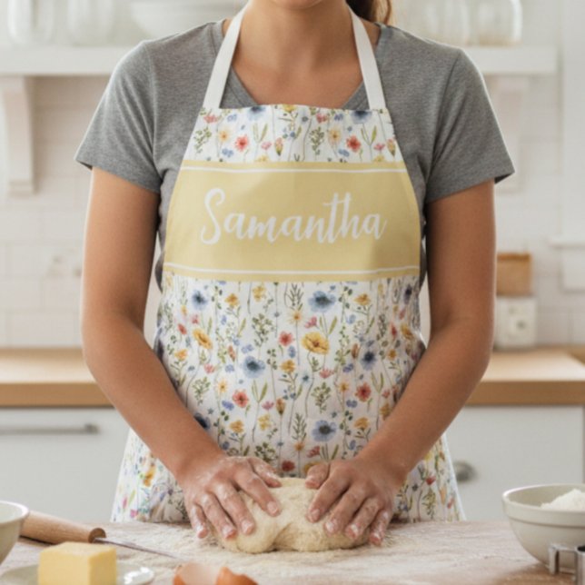 Floral Wildflower Blue Yellow Pink Custom Name Apron (Creator Uploaded)