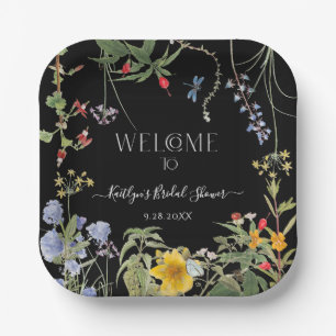 Floral Wildflower Boho Black Welcome Bridal Shower Paper Plate