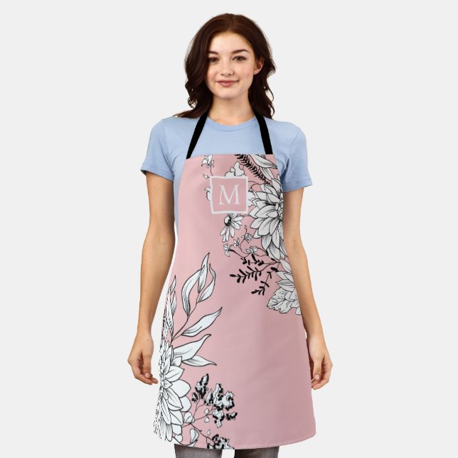 Floral Wildflower Botanical Monogram Pink White Apron (Worn)