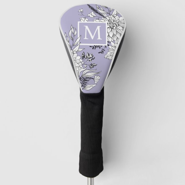 Floral Wildflower Botanical Monogram Purple White Golf Head Cover (Front)
