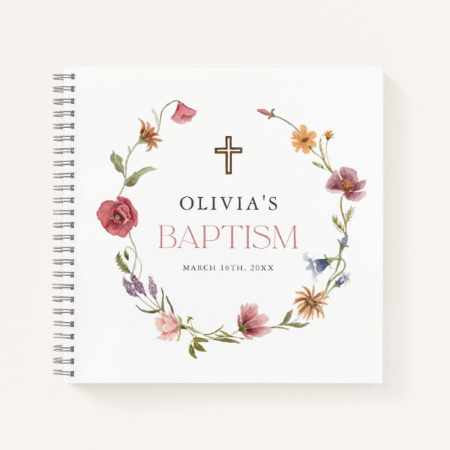 Floral Wildflower Girl Baptism Celebration Notebook (Front)