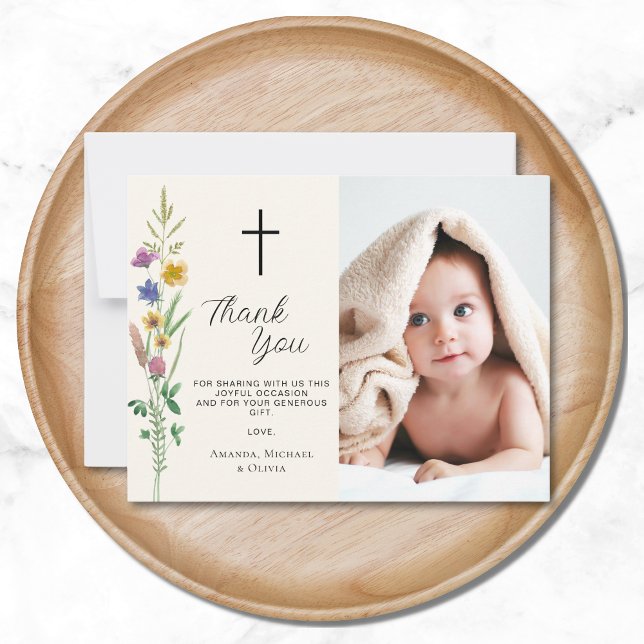 Floral Wildflower Photo Baptism  Thank You Card (Creator Uploaded)