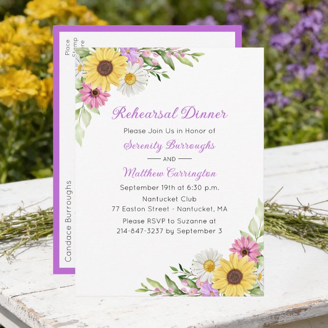 Floral Wildflower Sunflower Daisy Rehearsal Dinner Invitation Postcard (Creator Uploaded)