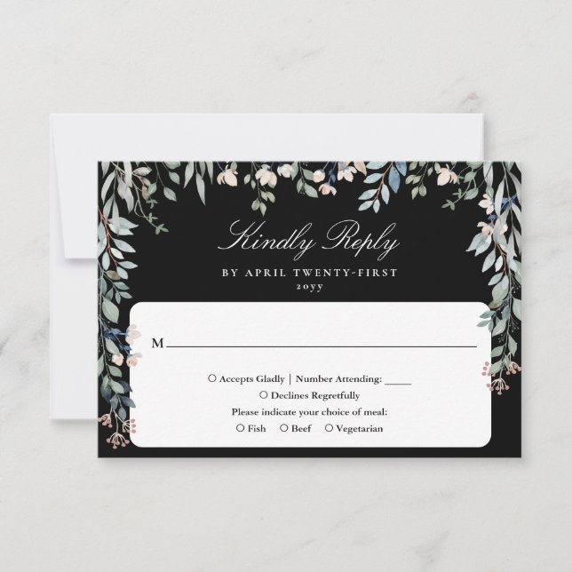 Floral Wildflowers Black And White Wedding RSVP Card (Front)