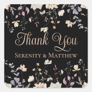 Floral Wildflowers Black Boho Wedding Thank You Square Sticker