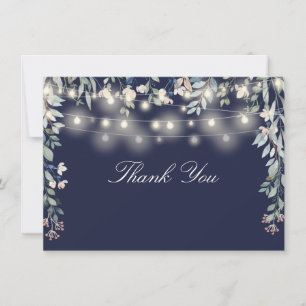 Floral Wildflowers Navy Blue String Lights Script Thank You Card