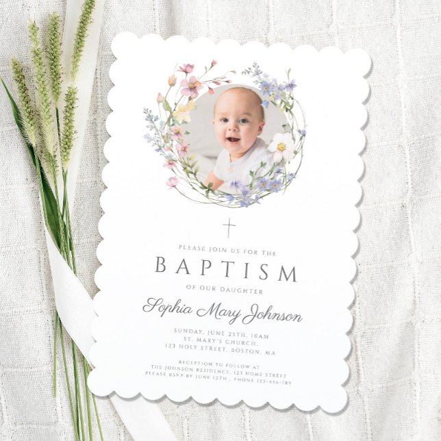 Floral Wildflowers Wreath Girl Baptism Photo Invitation (Floral Wildflowers Wreath Girl Baptism Photo Invitation)