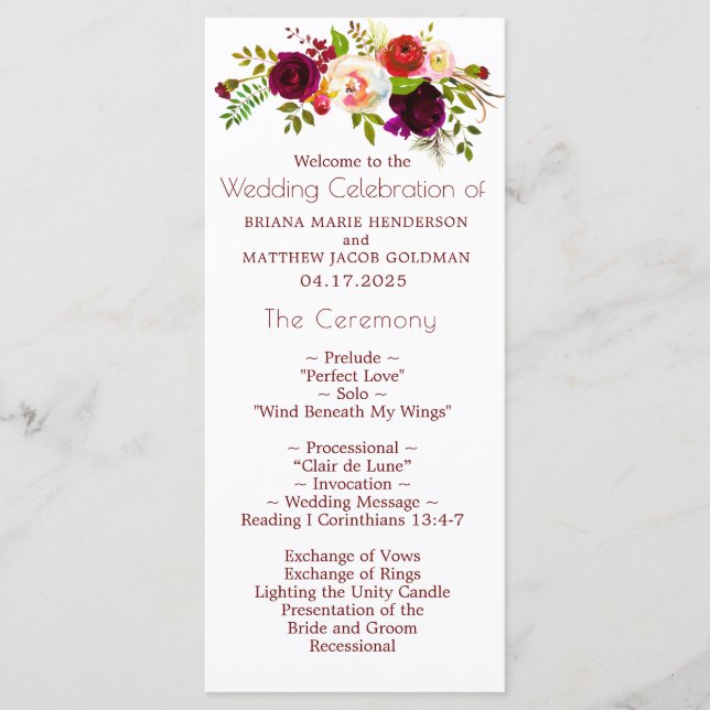 Floral Wine Blush Wedding Program (Front)