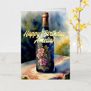Floral Wine Bottle Birthday Foil Greeting Card