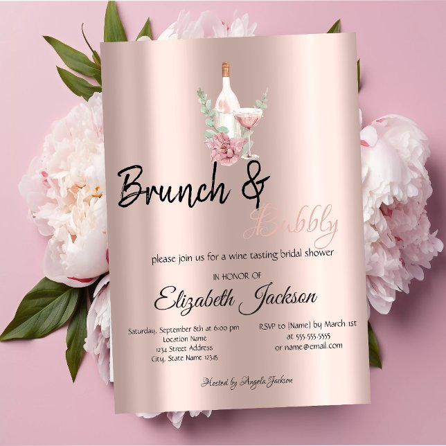  Floral Wine Brunch & Bubbly Rose Gold Invitation (Creator Uploaded)