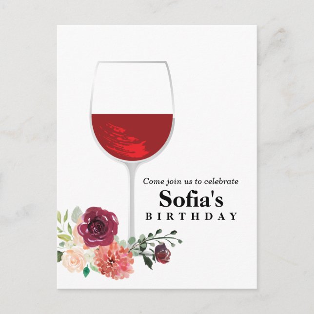 floral wine glass birthday Postcard invitation (Front)