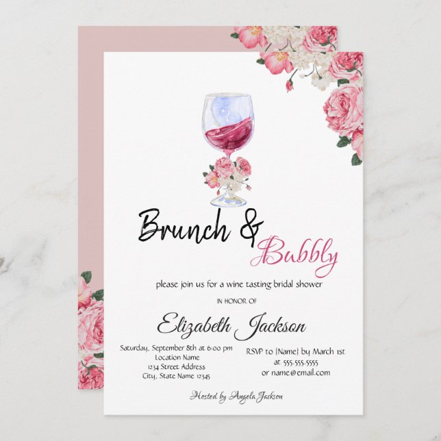 Floral Wine GlasS Brunch & Bubbly Bridal Shower  Invitation (Front/Back)