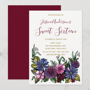Floral Wine Purple Blue Gold Sweet 16 Birthday Invitation