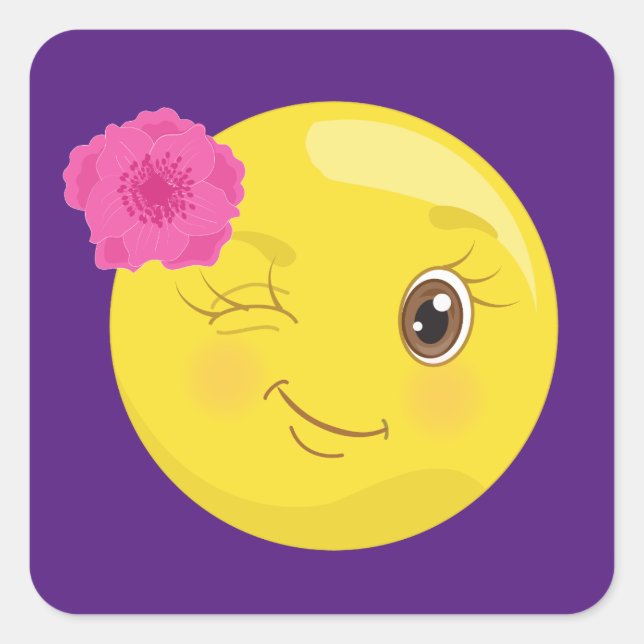 Floral Wink Girly Emoji Square Sticker (Front)