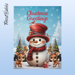 Floral Winter Deer Animal Wildlife Scene ☃️ 🦌 🎄 Holiday Postcard