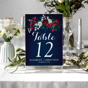 Floral winter navy burgundy wedding guest table number