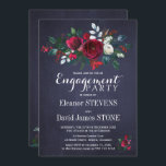 Floral Winter Navy Red Christmas Engagement Party Invitation<br><div class="desc">Floral rustic red burgundy and white peony roses bouquet with winter seasonal pine green fir branches,  red berries and foliage engagement party invitation with an elegant modern contemporary changeable script text over a dark midnight navy blue chalkboard background.            Ideal for a winter Christmas floral classy party.</div>
