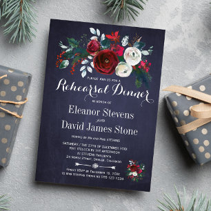 Floral Winter Navy Red Wedding Rehearsal Dinner Invitation