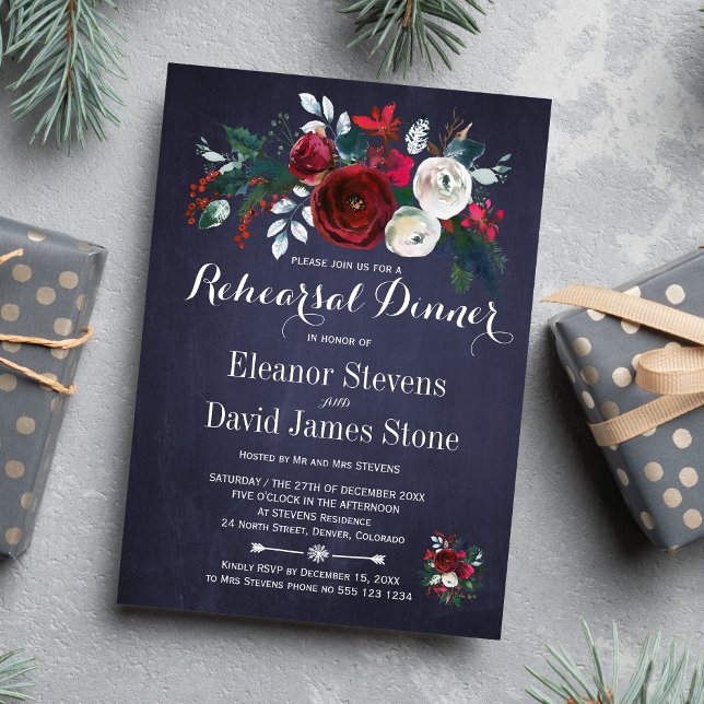 Floral Winter Navy Red Wedding Rehearsal Dinner Invitation (Creator Uploaded)