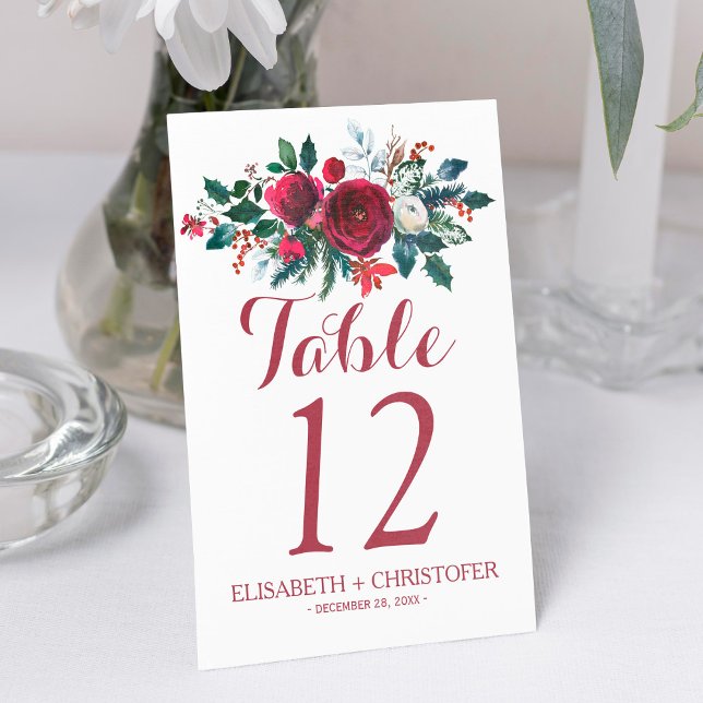 Floral winter red bouquet wedding guest table number (Creator Uploaded)