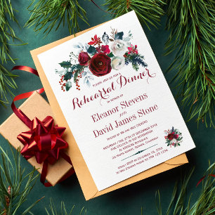 Floral winter red white wedding rehearsal dinner invitation