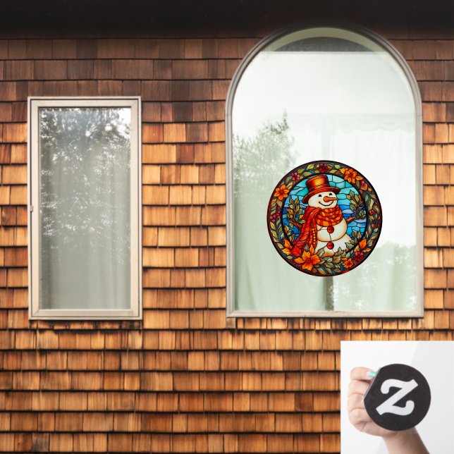 Floral Winter Smiling Snowman Faux Stained Glass (Home Window)