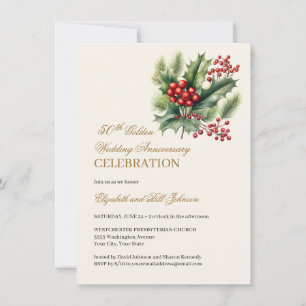 Floral Winter Theme Gold 50th Wedding Anniversary Invitation