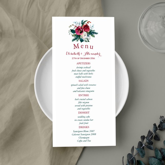 Floral winter watercolor peonies wedding menu (Creator Uploaded)