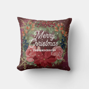 Floral winter watercolor wreath red poinsettia cushion