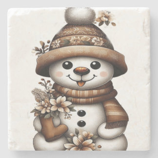 Floral Winter Wonderland Snowman Stone Coaster