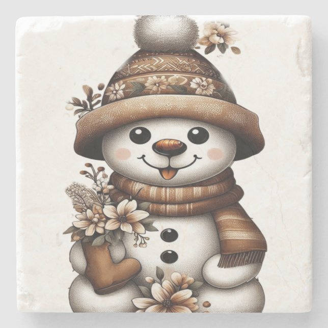 Floral Winter Wonderland Snowman Stone Coaster (Front)