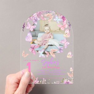 Floral Wisteria Butterfly Kids Photo Birthday Arch Acrylic Invitations