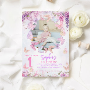 Floral Wisteria Butterfly Kids Photo Birthday Invitation