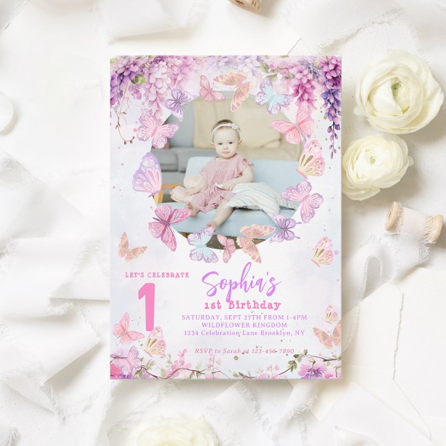 Floral Wisteria Butterfly Kids Photo Birthday Invitation (Creator Uploaded)