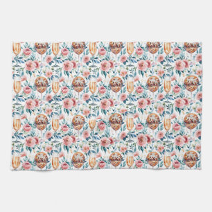 Floral With Champagne Glasses and Disco Ball Tea Towel